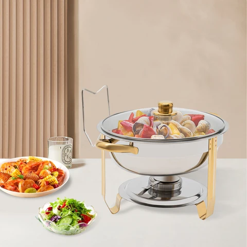Поднос для еды из нержавеющей стали с крышкой, держателем для воды и держателем для топлива, большой емкости, круглый, для подогрева блюд, набор для шведского стола набор жаровен купить - №2