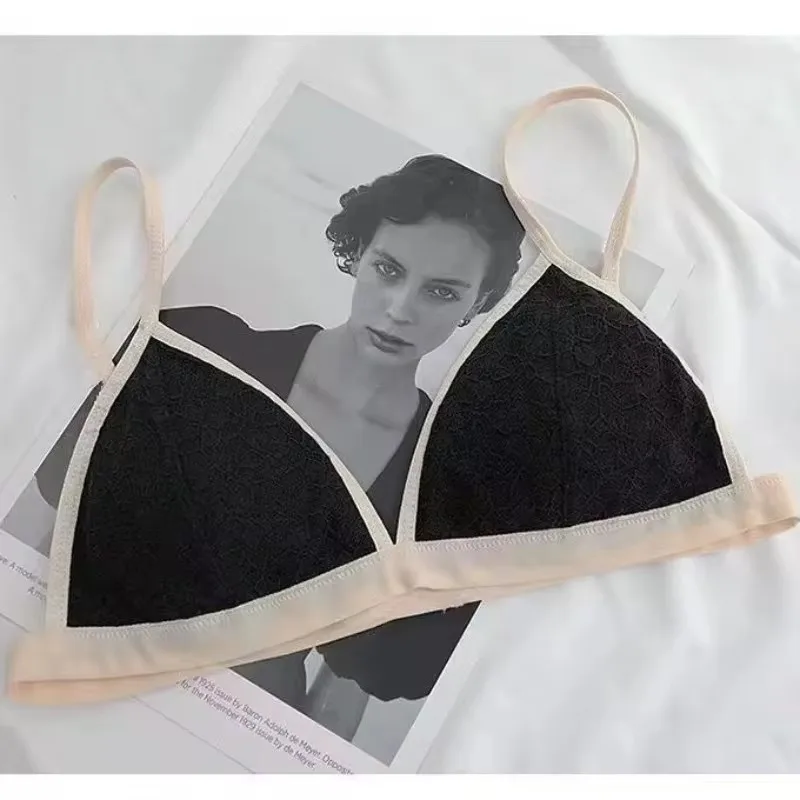 Women Lace Bra Sexy Lingerie Without Steel Ring French Triangular Cup Underwear Wireless Bra Comfort V Neck Bralette