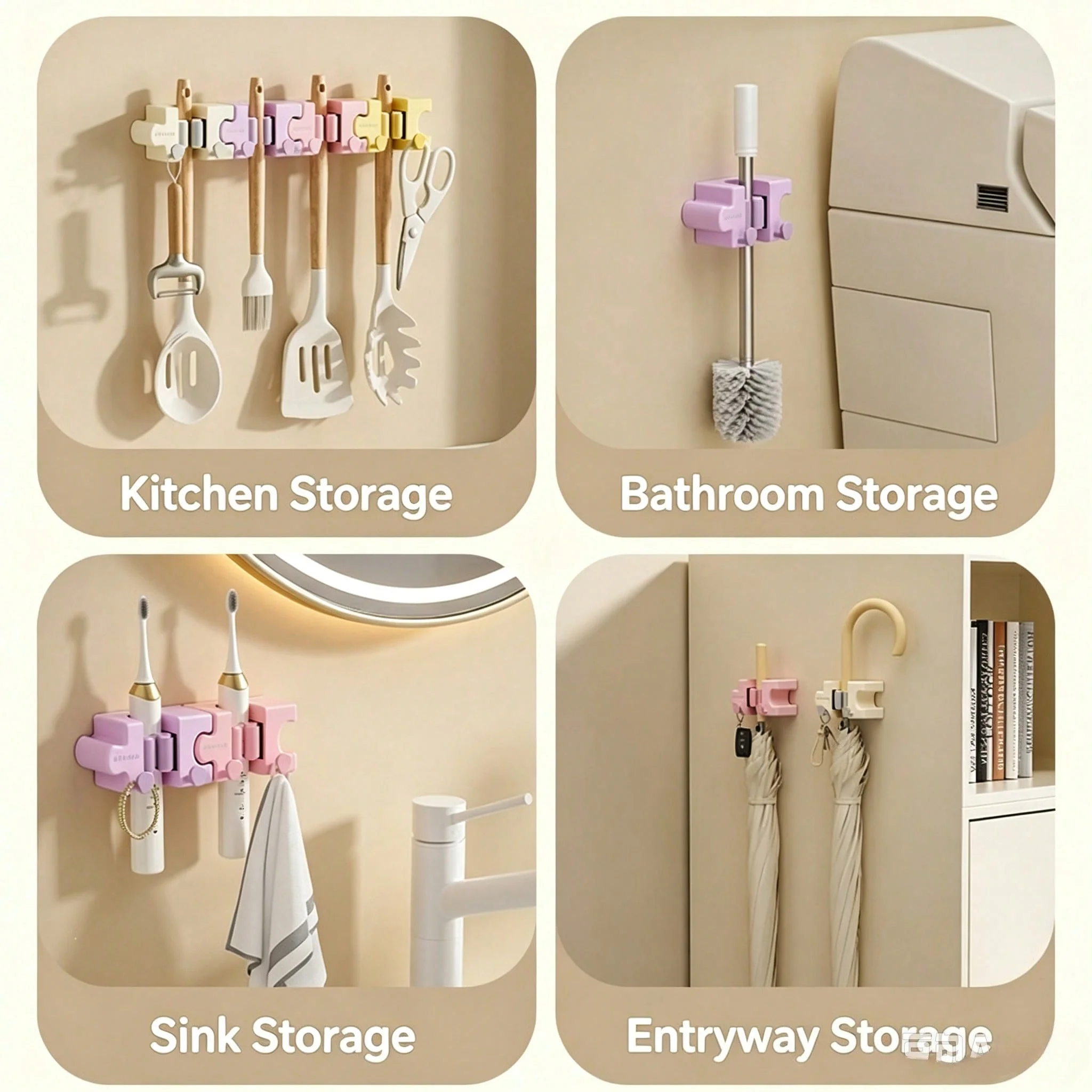 1pc/4pcs Puzzle Splicing Mop Broom Holder No‑Drill Wall‑Mount Macaron Self‑Adhesive Mop Clip w/ Hooks for Bath Kitchen Storage - view 4