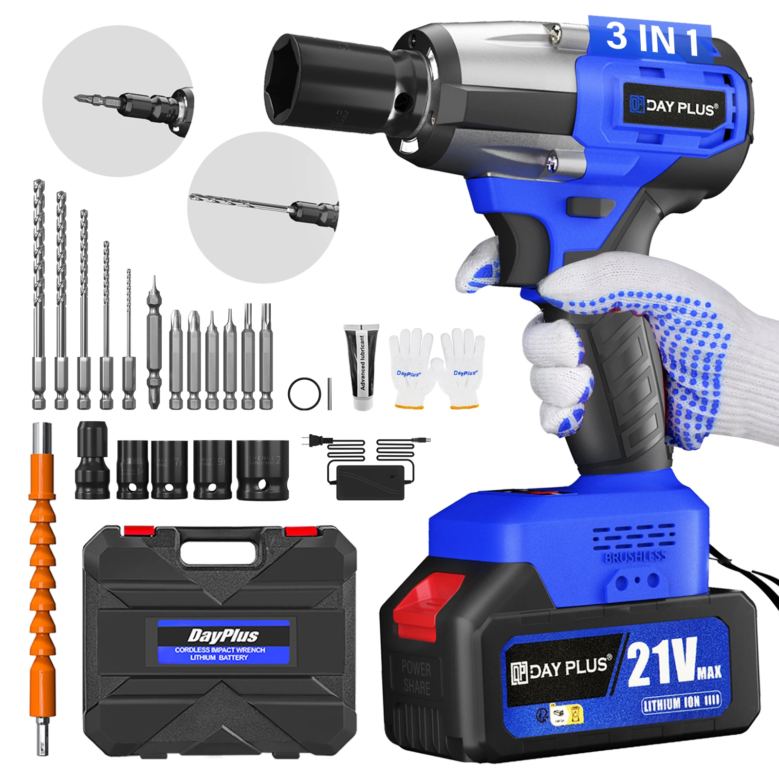 21V 3 in 1 Cordless Impact Wrench Brushless 1/2