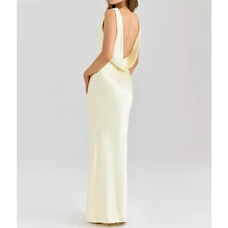 Satin Backless Draped Sexy Maxi Dress Women Fashion Cowl Neck Sleeveless High Waist Club Party Long Dress Female New