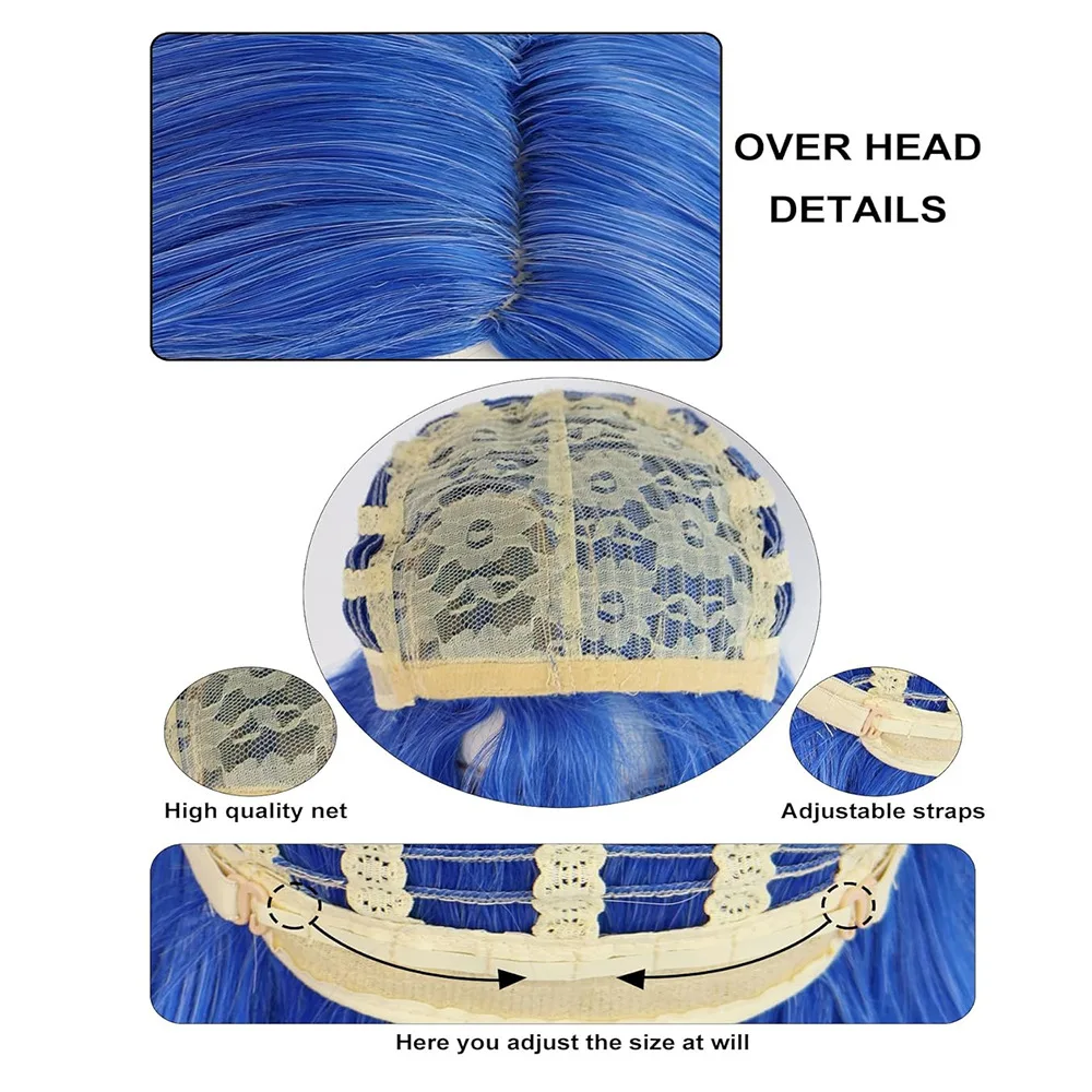 UU 슬픈 블루 밥 가발 검은색 안경테 소녀 블루 가발 애니메이션 여성 내열성 합성 코스프레 할로윈 의상