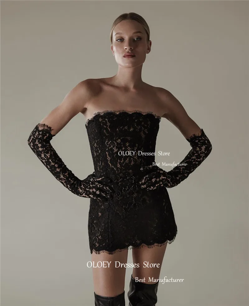 

OLOEY Sexy Strapless Black Party Evening Dresses Full Lace Mini Sheath Mini Night Celebrity Dress Prom Gowns Customized Modern