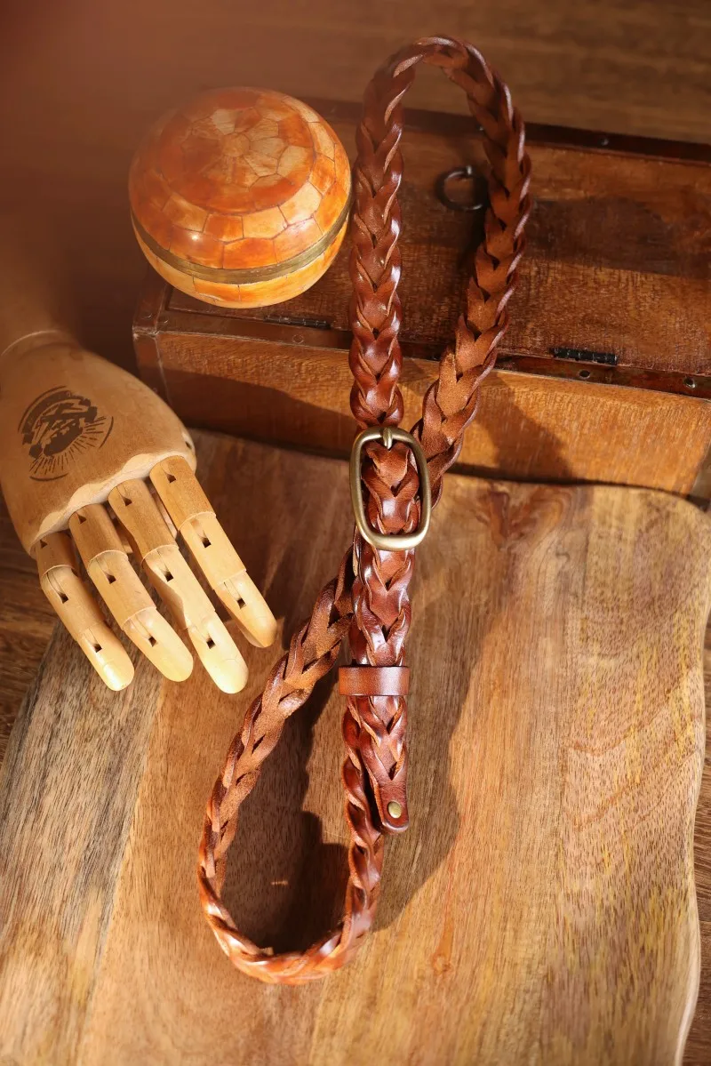 Genuine Full Grain Italian Vegetable Tanned Leather Belt 2.3cm Thin Hand‑Woven Vintage Distressed Retro Cowhide Waist Belt