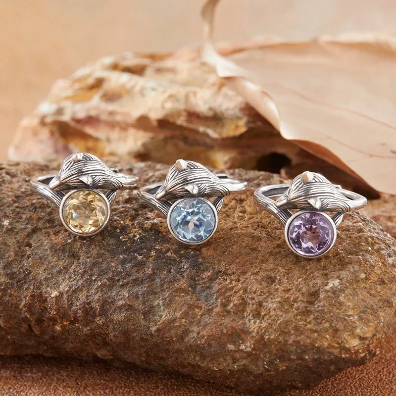 Natural color treasure amethyst citrine topaz ring women's s925 silver fox index finger jewelry wholesale