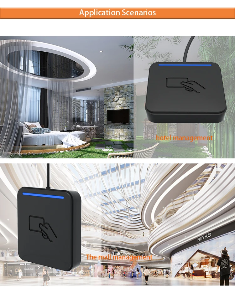 Long Range UHF RFID Desktop Reader 860-960MHz Frequency Card Label Reader with NFC USB Communication Interface Plastic Material