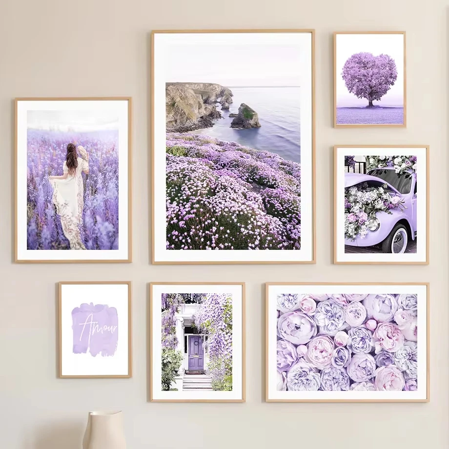 Purple Lavender Coast Girl Car Bicycle Cafe Mural Canvas Wall Art Living Room Decoration Poster Printing Wall Painting