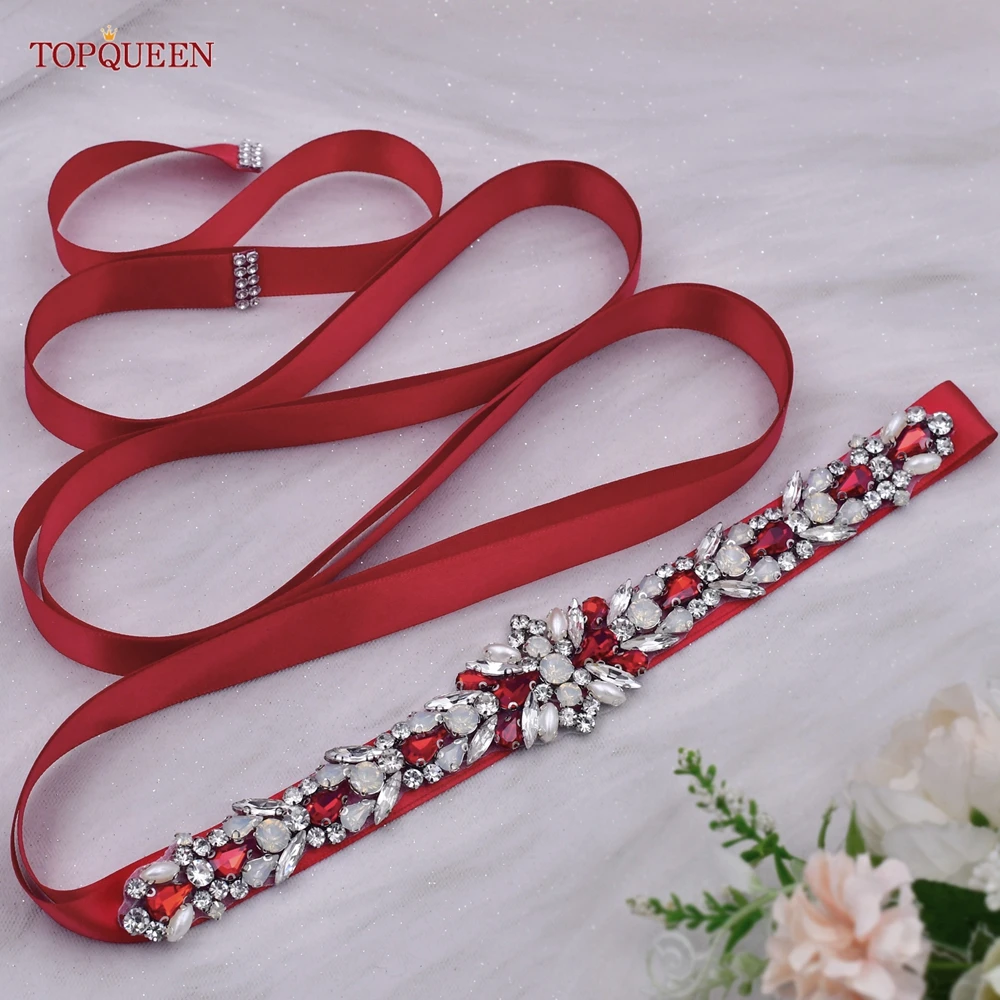 Topqueen S57 Bruids Riem Trouwjurk Accessoires Rode Steentjes Opal Crystal Applicaties Formele Avondjurk Sash Ivoor Lint