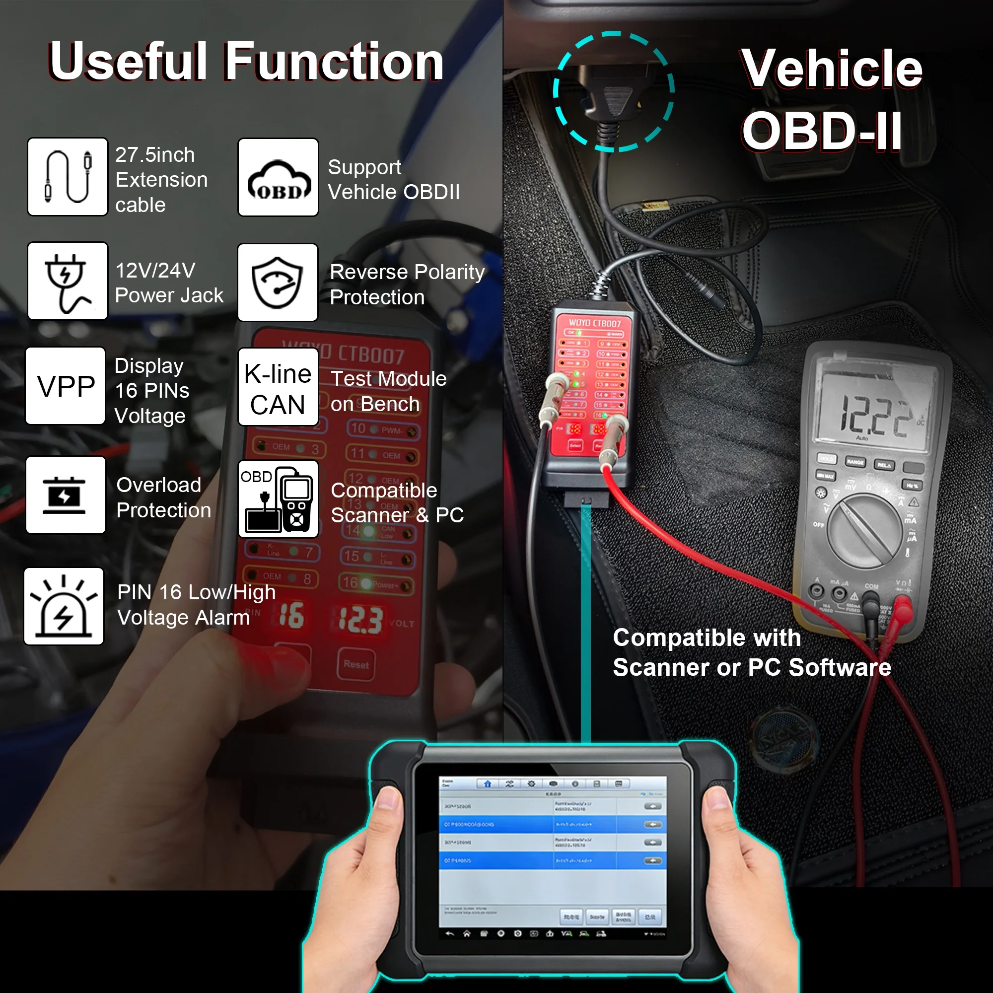 YAO WOYO 12V 24V Car OBD Breakout Box 16 Pin OBD2 Diagnostic Tool with 27.5/59 Inch OBD Extension Cable, Automotive CAN Tester B