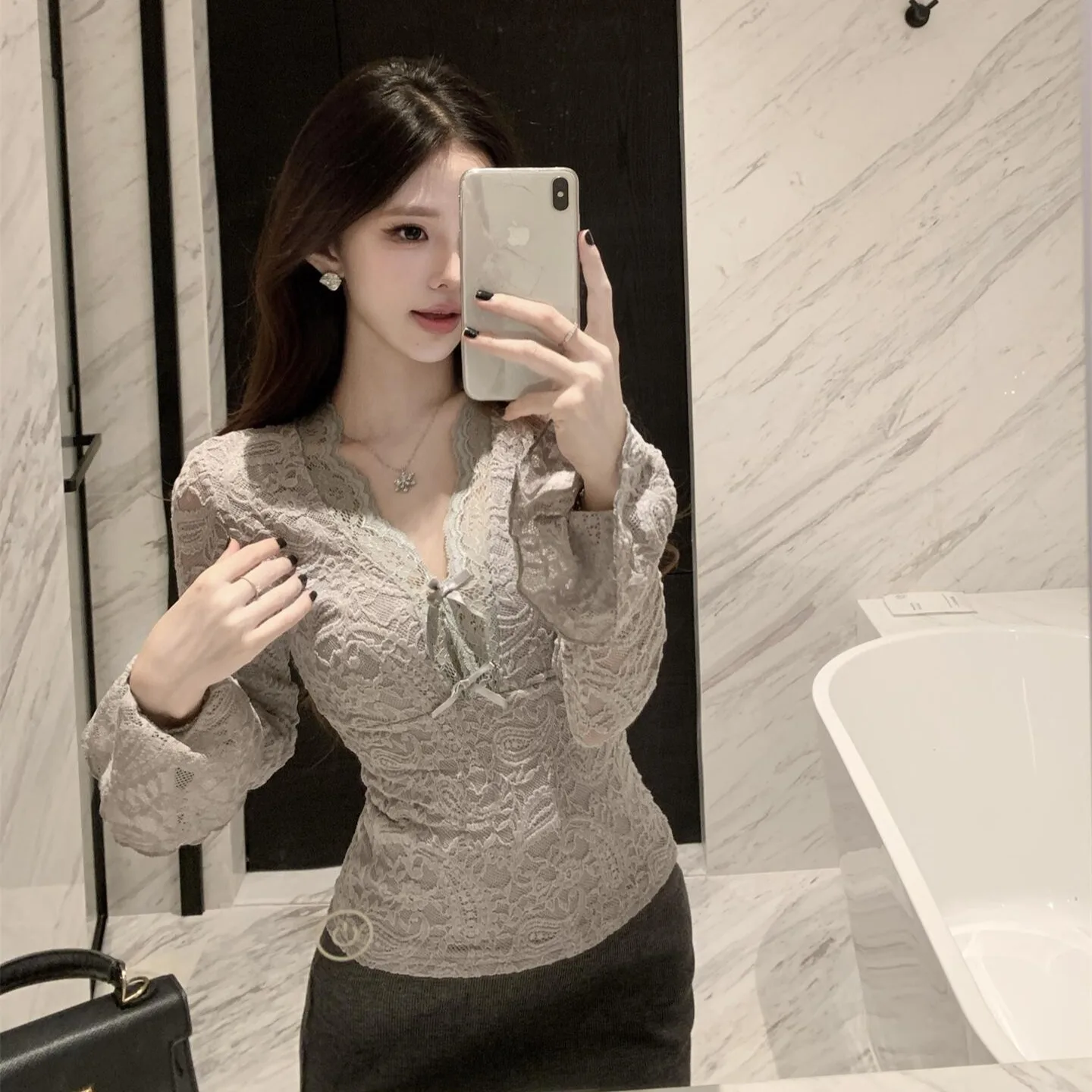 

Женский кружевной топ Slim Fit на подкладке с V Ne Knot Bell Sve Base irt, осень-зима, новый дизайн Sensation