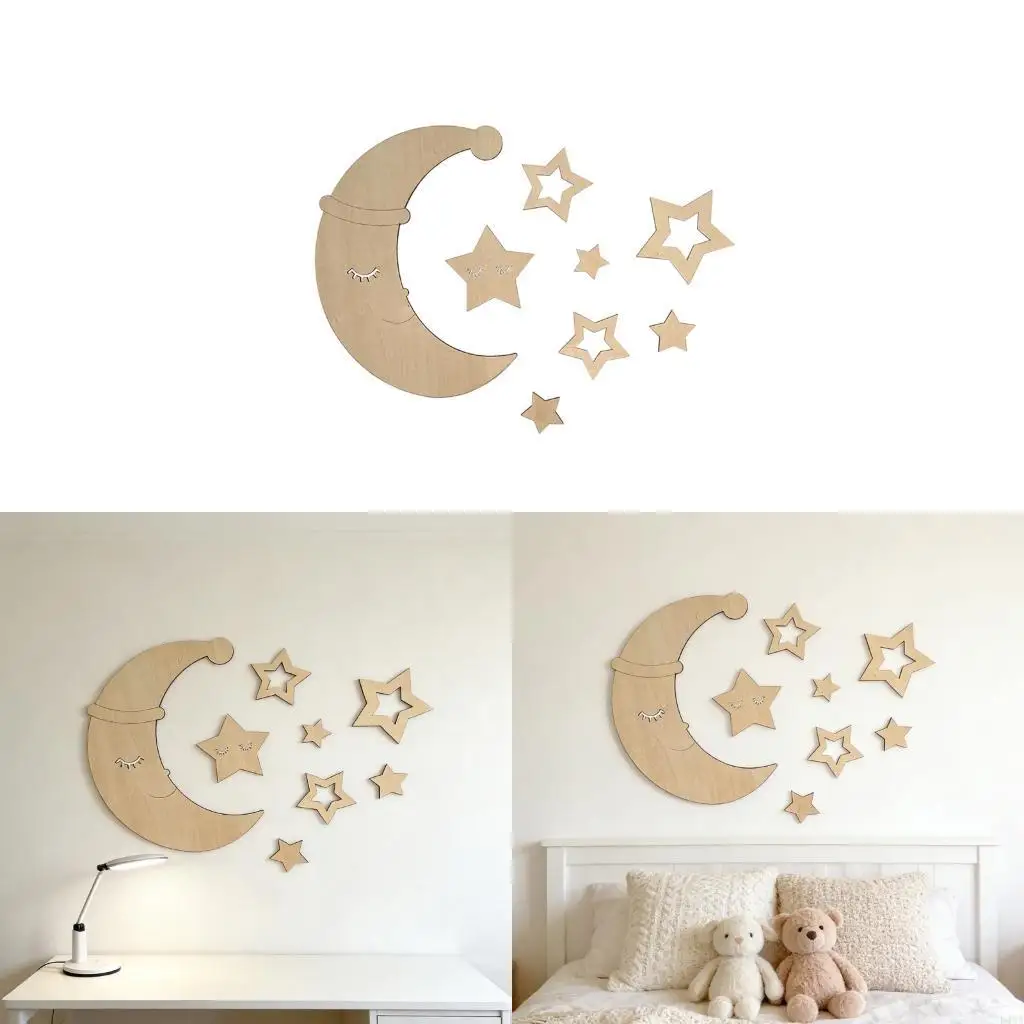 L43A Wooden Moon and Star Wall Decal Sticker Set For Baby Room Safe Nontoxic 3D Wall Art Decors Photography Background