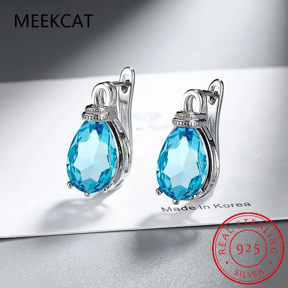 

Женские серьги-кольца из стерлингового серебра 925 пробы с натуральным синим топазом груши и каплями воды, модные массивные ювелирные изделия с драгоценными камнями Huggies