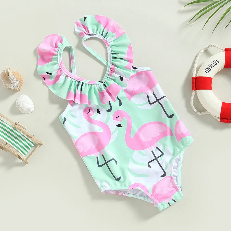 Toddler Girl Swimsuits Flamingo Print Backless Fly Sleeve Jumpsuit Swimwear Beachwear Bathing Suits