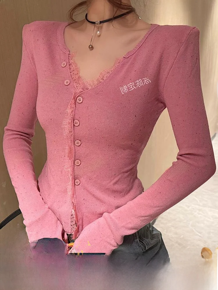 

Sexy Pure Desire Lace Splice V-ne Long Sve Knitted Open Cardigan Women's Spring New Slimming Single Button Top