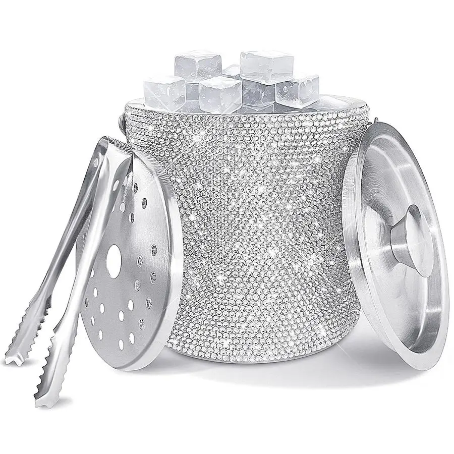

Double Walled Stainless Steel Ice Bucket with Ice Tong amp Lid 2 Liter Shiny Insulated Ice Bucket Included Strainer Keeps Ice Co