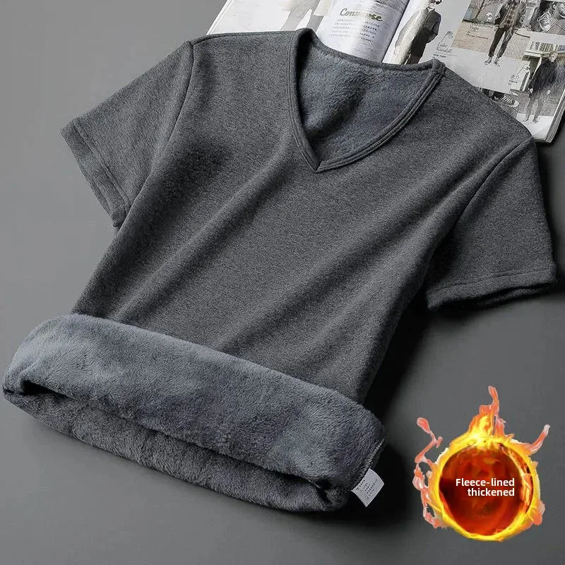 Plus Velvet Thickening short Sleeve Men T-Shirt V-neck Soft Warm Bottoming Shirt Warm Clothes Fleece-lined Slim Underwear Bottom