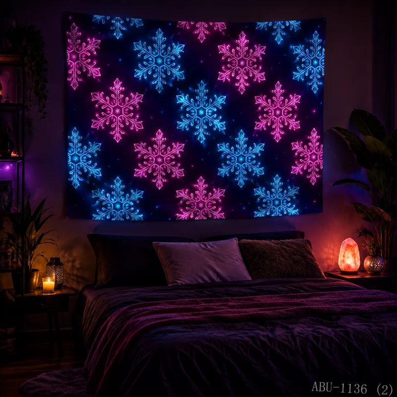 VIKAMA Neon Pink Blue Snowflake Pattern Repeat Deep Navy Winter Art Christmas Tapestry Bedroom Living Room Dorm Home Decor Soft