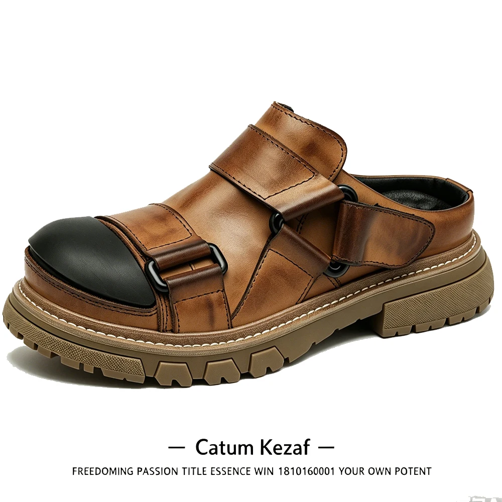 Luxury Genuine Leather Men's Boken Shoes Summer Casual Thick Sole Buckle Strap Baotou Sandals Half Slippers Anti slip Loafers