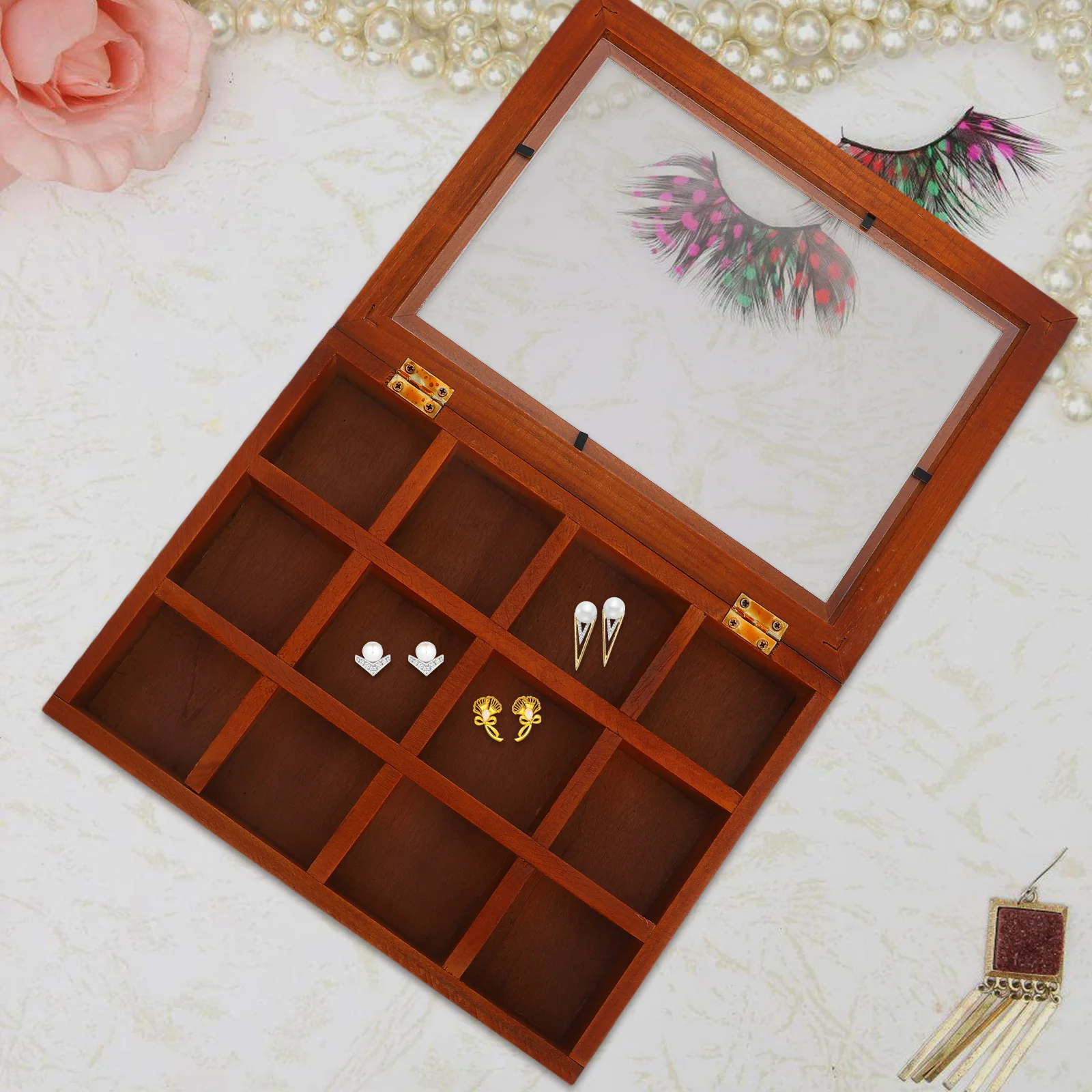 

Multi Compartment Storage Box Vintage Jewelry ganizer Seashell Display Wooden Crystal Bracelet Ring Holder Desktop Retro