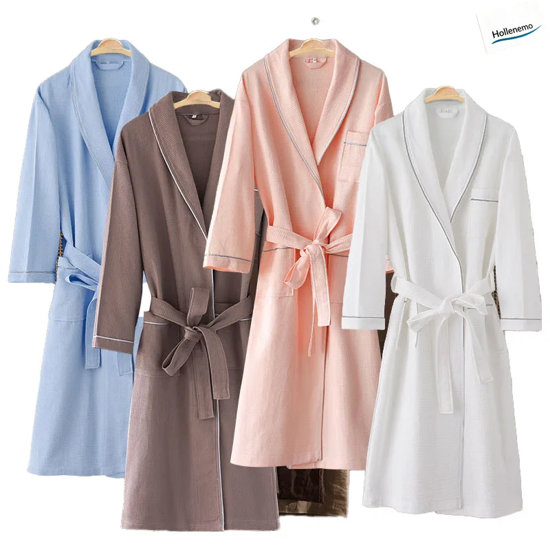 Unisex Waffle Bathrobe Cotton Lightweight Hotel Spa Robe Piping Lapel Collar With Belt Pockets Soft Absorbent Home Sleepwear