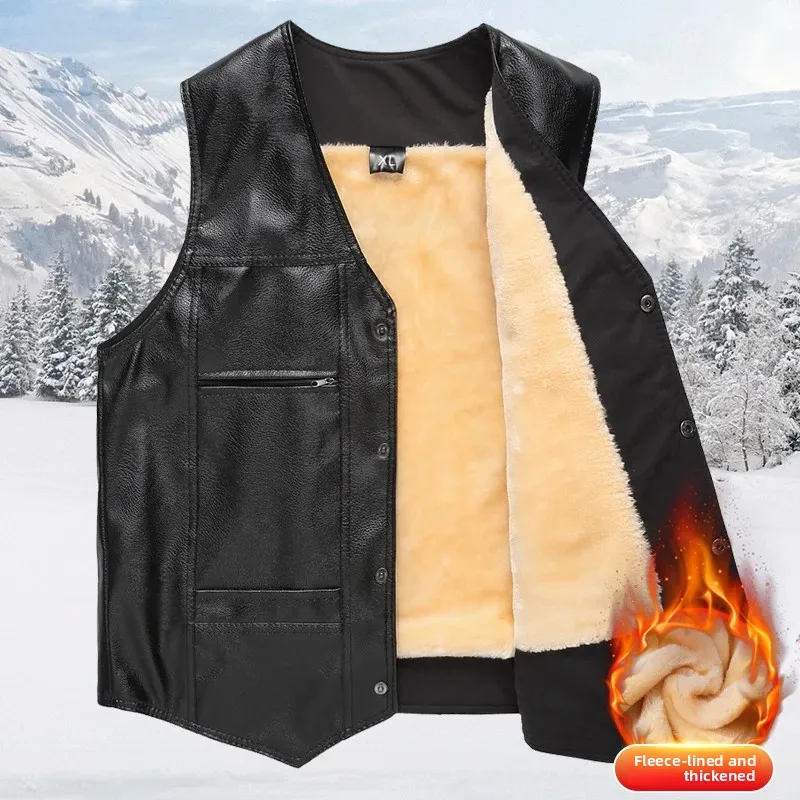 

2025 Winter Men Thick Warm Fleece Leather Vest Coat Male V-Neck Single Breasted Vest Casual Male Clothing Outerwear