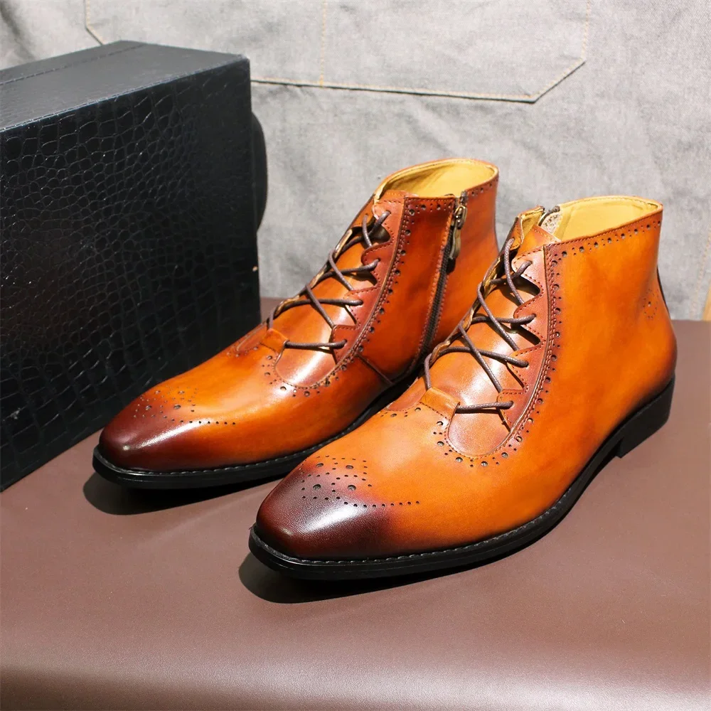 Luxury Genuine Leather Chelsea Boots for Men Brown Wingtip Ankle Lace-up Buckle Formal Snow Shoes High-end Office Footwear - view 3