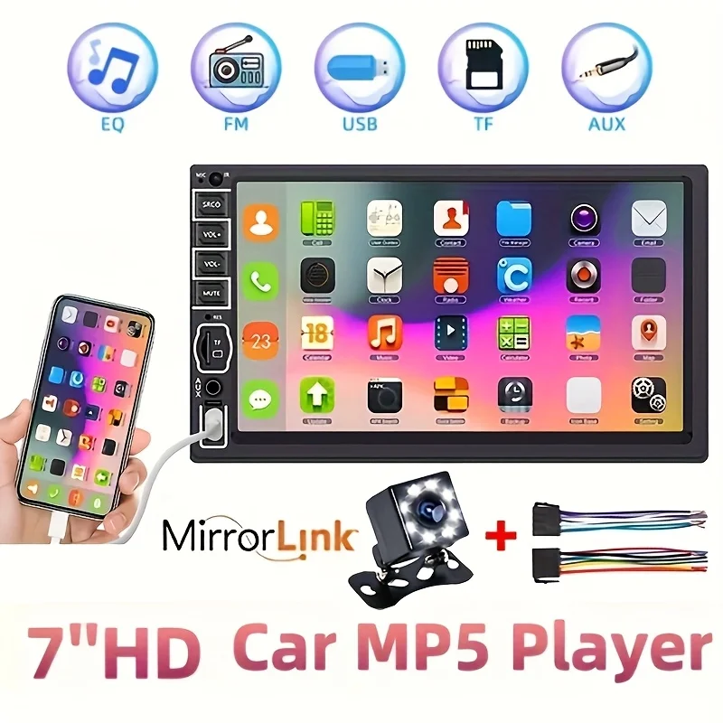 

7-Inch Touch Screen Car Stereo with 8LED Backup Camera, FM/USB/AUX/SD Playback, Mirror Link Input/Charging/Storage, 2-DIN