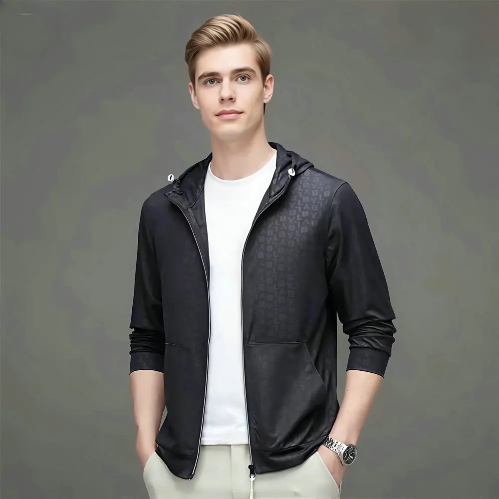 

Effortless Men Letter Print Hooded Jacket Navy Gray Lightweight Sun Protection Coat Stylish Letter Print Fabric Outerwear Summer