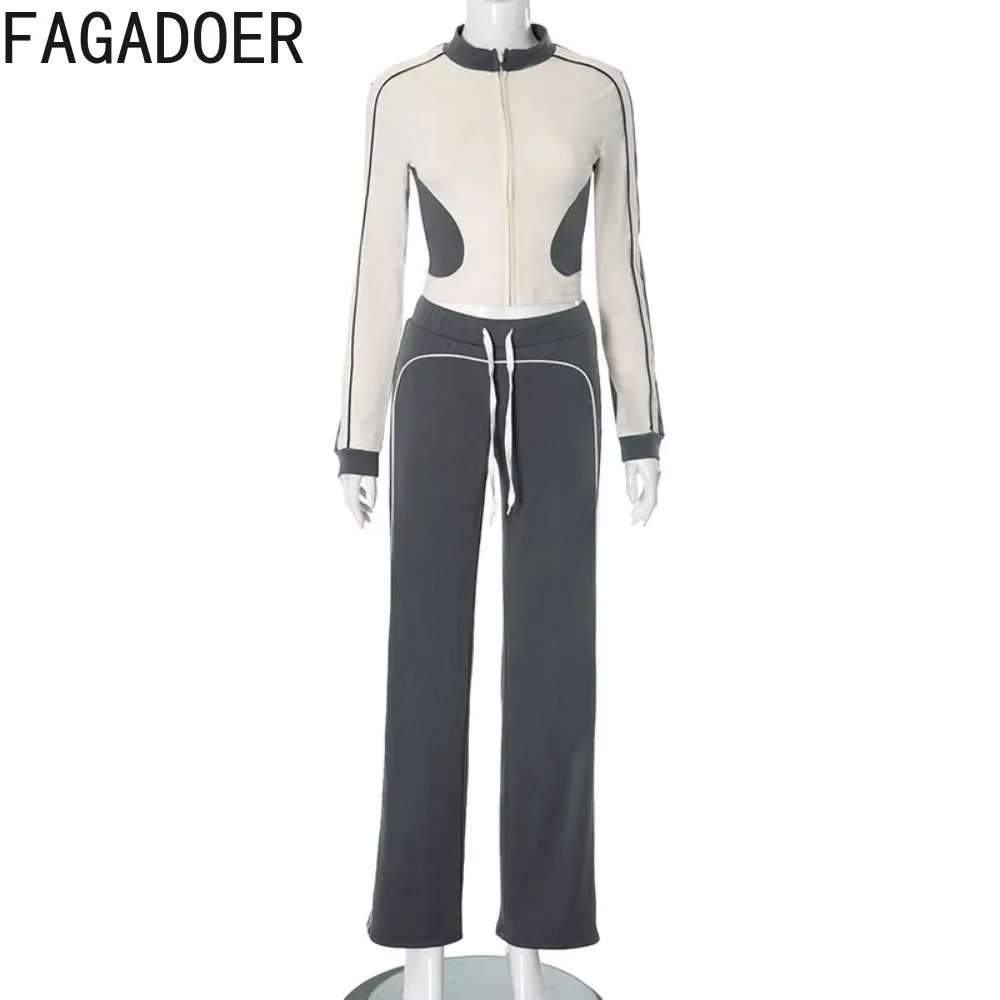 FAGADOER Spring 2025 New 2 Piece Sets Women Outfit Casual Color Blocks Zip Crop Top + Drawstring Pants Suits Streetwear Clothing