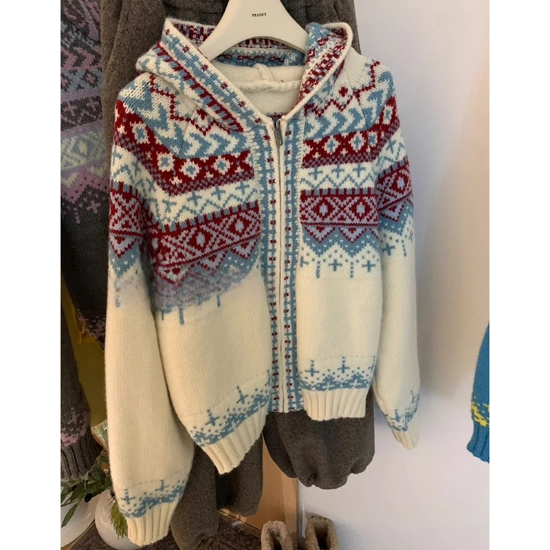 Cozy Fair Isle Women Hooded Cardigan Zip Up Knit Sweater Long Sleeve Ribbed Loose Preppy Winter Outerwear Top