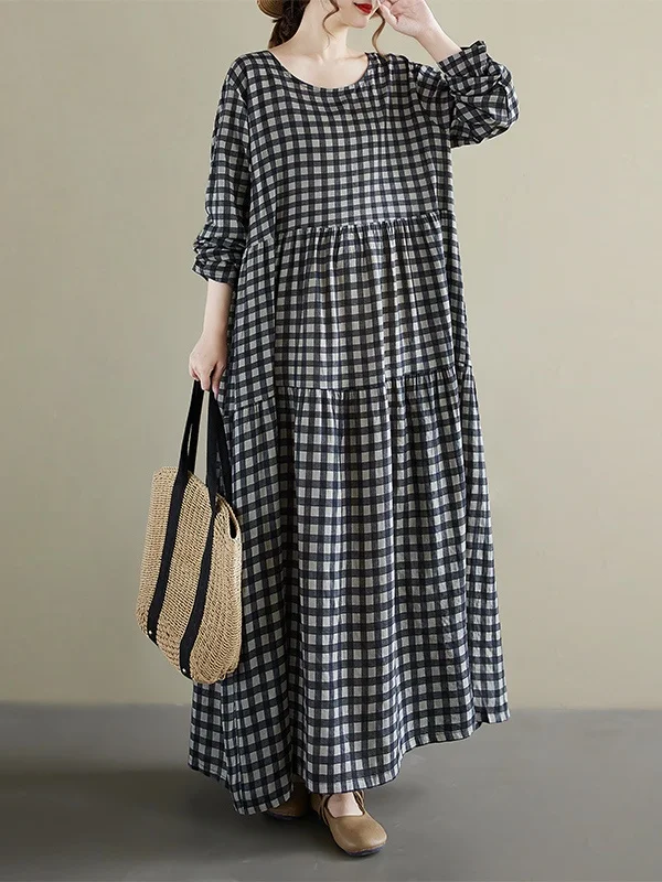 Gaun Maxi Motif Leopard Kasual untuk Wanita Ukuran Plus, Longgar, Lengan Panjang, Kerah Bulat, Cocok untuk Musim Panas, Gugur, Jalan-Jalan, Liburan