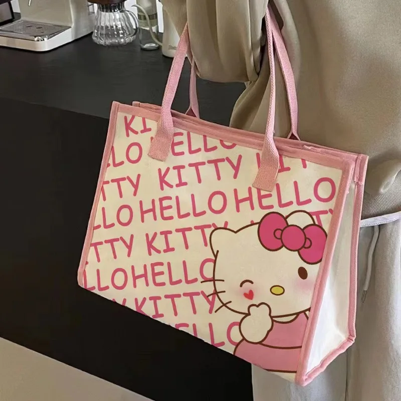 

Cartoon Sanrio Hello Kittys Canvas Bag Cute Anime Female Casual Large Capacity Top-Handle Bags Love KT Shoulder Bag