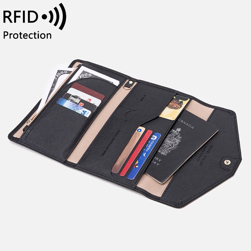 Western RFID Blocking PU Leather Three Floded Passport  Women Wallet Large Capacity Purse for Ladies