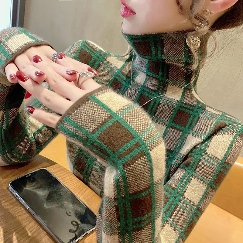 Autumn Winter Fashion Plaid Sweaters Elastic Slim Turtleneck Pullovers Women Vintage Casual Comfortable Soft Wool Top Knitwear