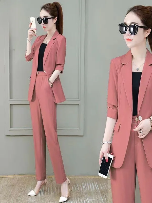 

Элегантный женский деловой костюм-двойка с длинным рукавом: приталенный, профессиональный, модный, весенне-осенний, с брюками с высокой талией, для повседневной носки