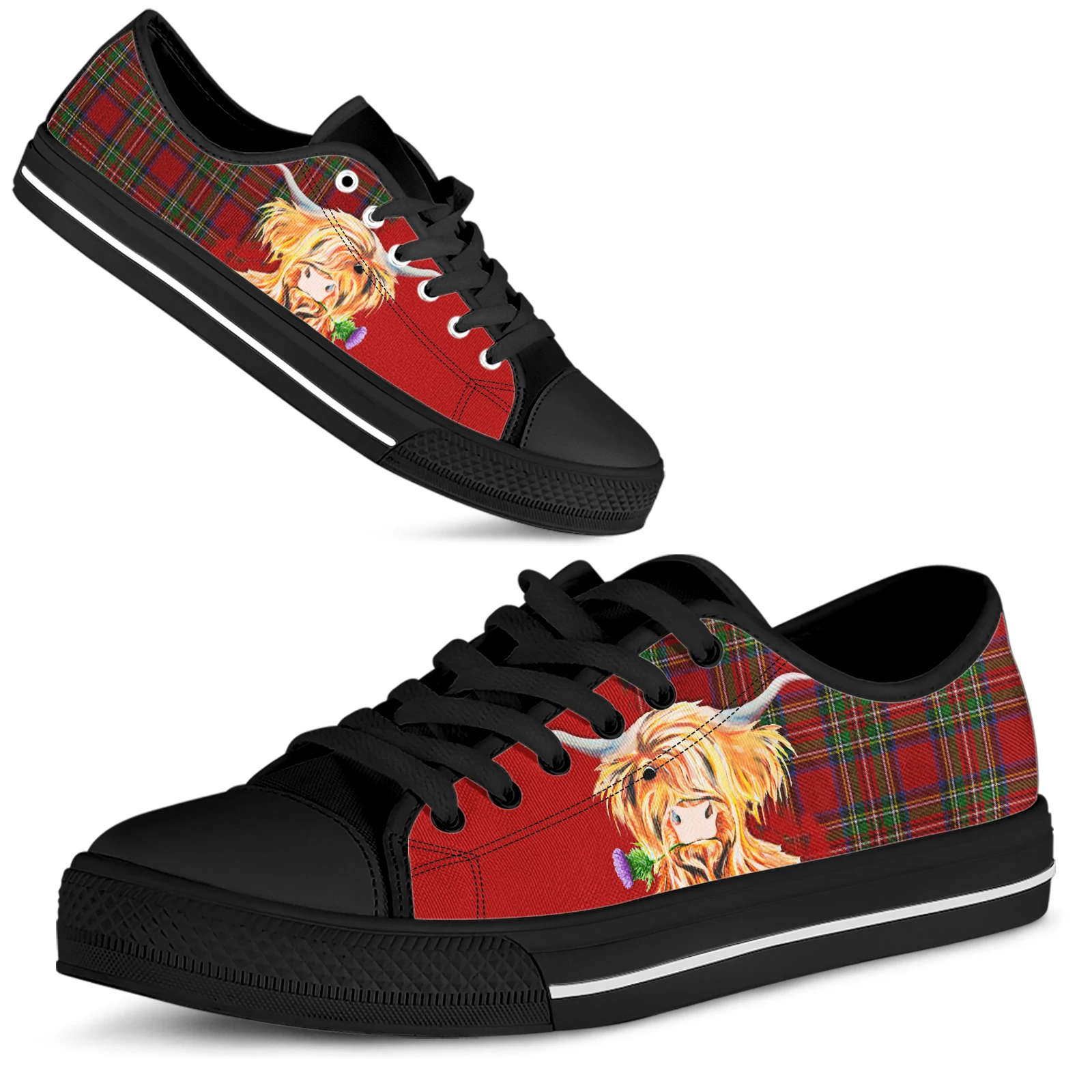 ELVISWORDS Pop Highland Cattle Sneakers Ethnic Tribal Design Casual Shoes Cow Print Canvas Shoes Zapatos Planos De Mujer