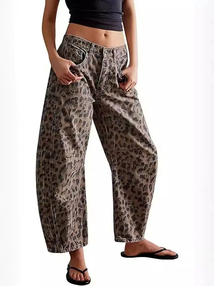 Loose Leopard Print Wideleg Jeans plus Size Casual Straight Leg Pants Washed Denim Ladies Comfortable Fit Casual Trousers