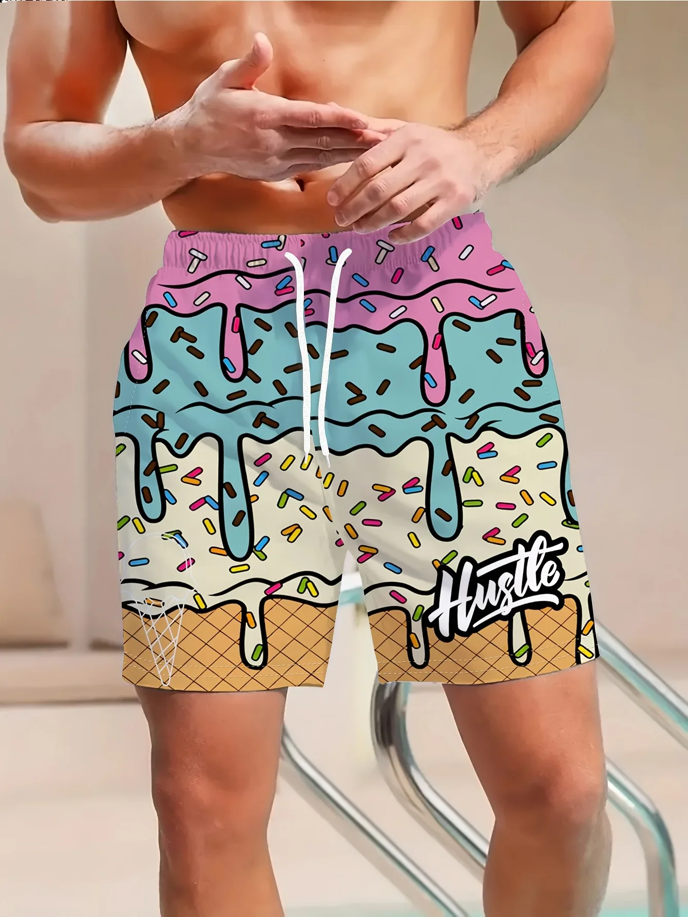 Bestseller Summer Swim Shorts Color Waffle Cone Graffiti Design Adjustable Drawstring Lightweight Water Proof Boardshorts