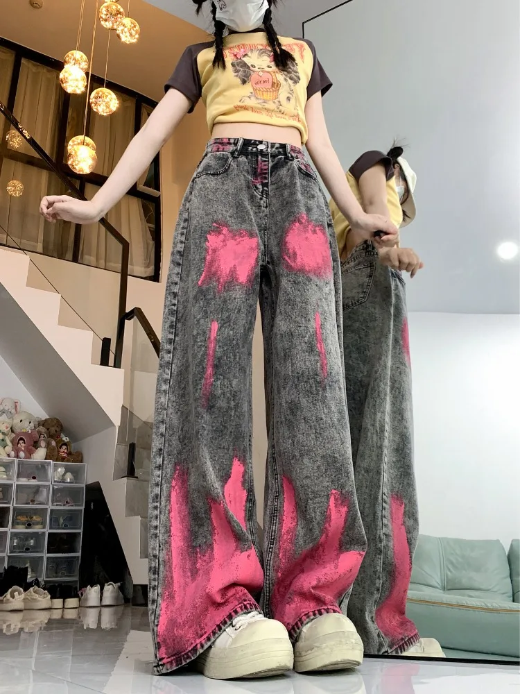 Ladies High Waisted Slouchy Graffiti Baggy Jeans Women Clothing Girl Fashion Casual Denim Wide Leg Pants Female Clothes BVAY2061