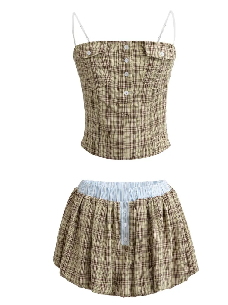 

Fashion Hot Girl Plaid Skirt Two Piece Set Women Sexy Slim Spaghetti Strap Vest Color Blocking Floral Bud Skirt Sets Streetwear