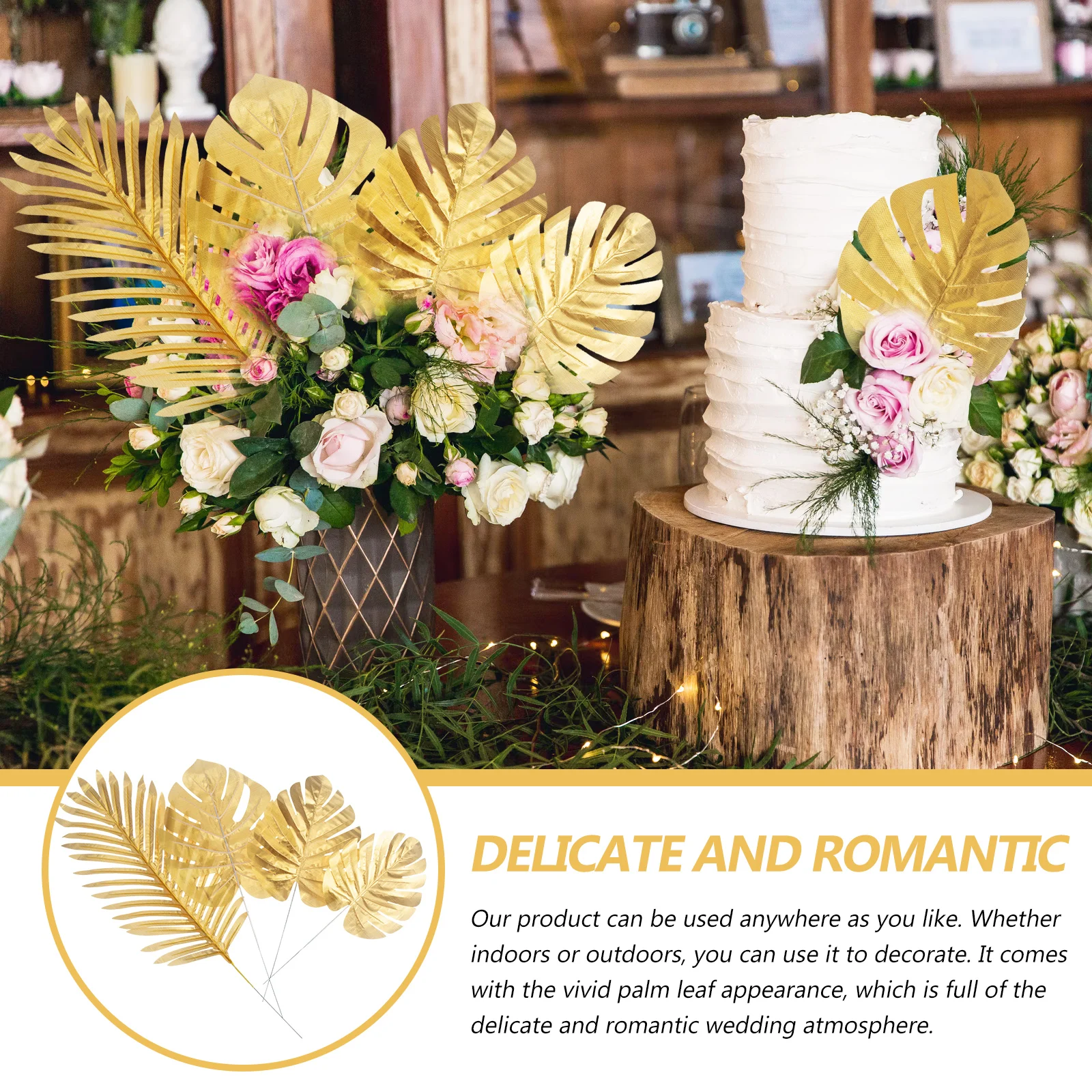 

20pcs Artificial Monstera Leaves Golden Wedding Decor Supplies Silk Tropical Plant Fake Palm Leaf Indoor Outdoor