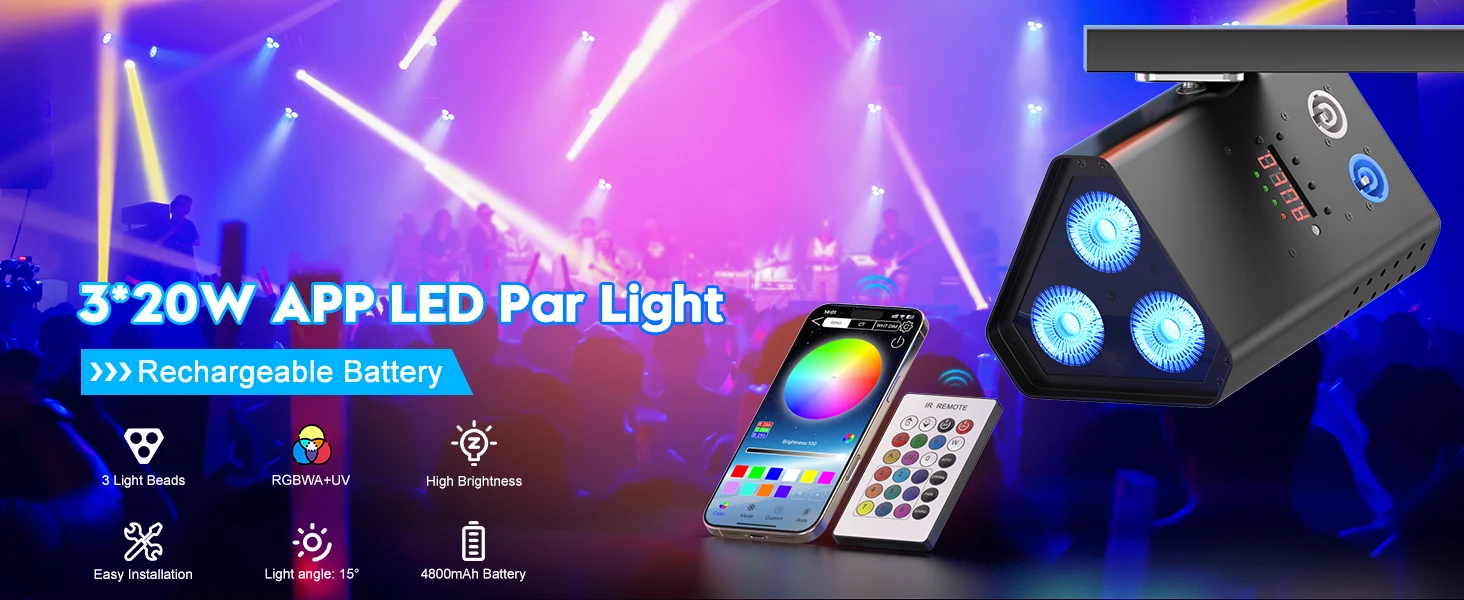 U'King 4PCS 3x20W LED Par Licht RGBWA + UV 6IN1 Eingebaute Batterie Bühne Licht Drahtlose DMX APP Steuerung für Party Hochzeit Leuchten – Detail 1
