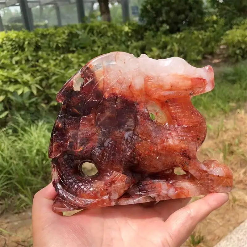 Natural Red Fire Quartz Hematoid Dragon Carving Crystal Healing Stone Creative Holiday Gifts For Kids Home Decor 1pcs