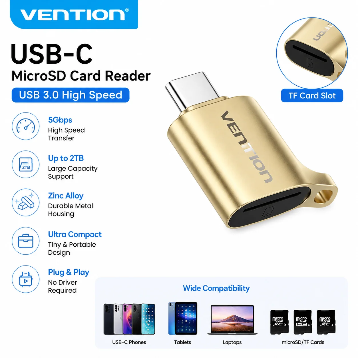 Vention USB-C Micro SD kaartlezer USB 3.0 TF kaart OTG adapter voor iPhone 15-17 Pro, iPad, Android camera, kaartlezer tot 2TB