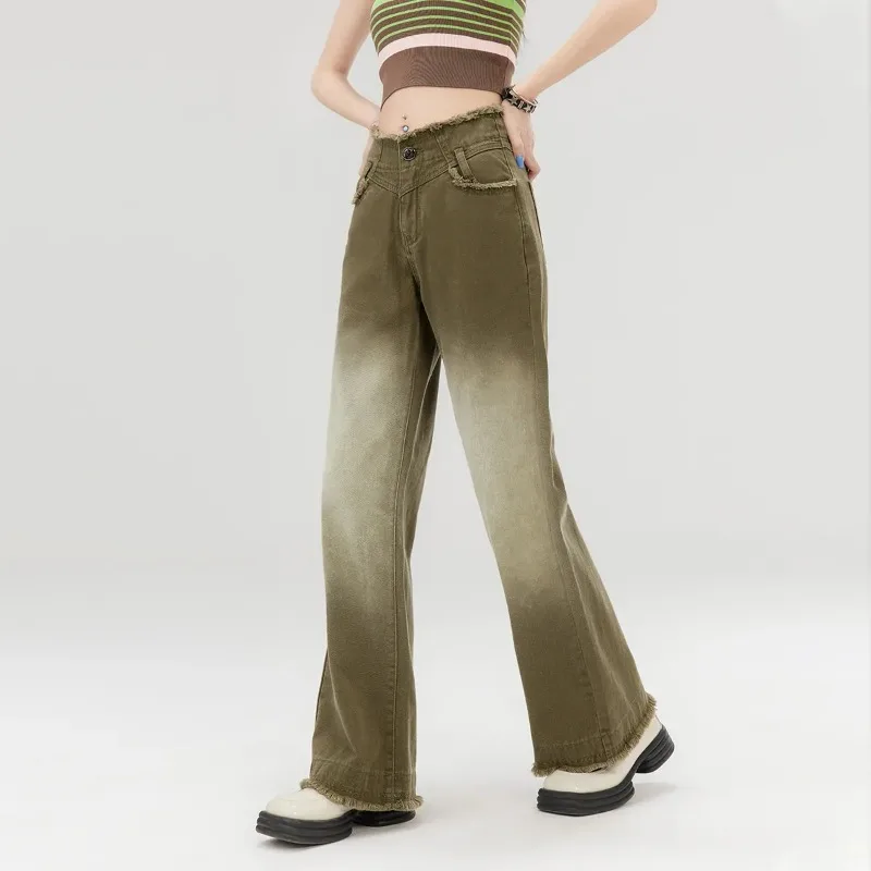 Y2K Women Gradient Washed Jeans High Waist Frayed Edge Loose Flare Denim Pants Street Daily Bottoms