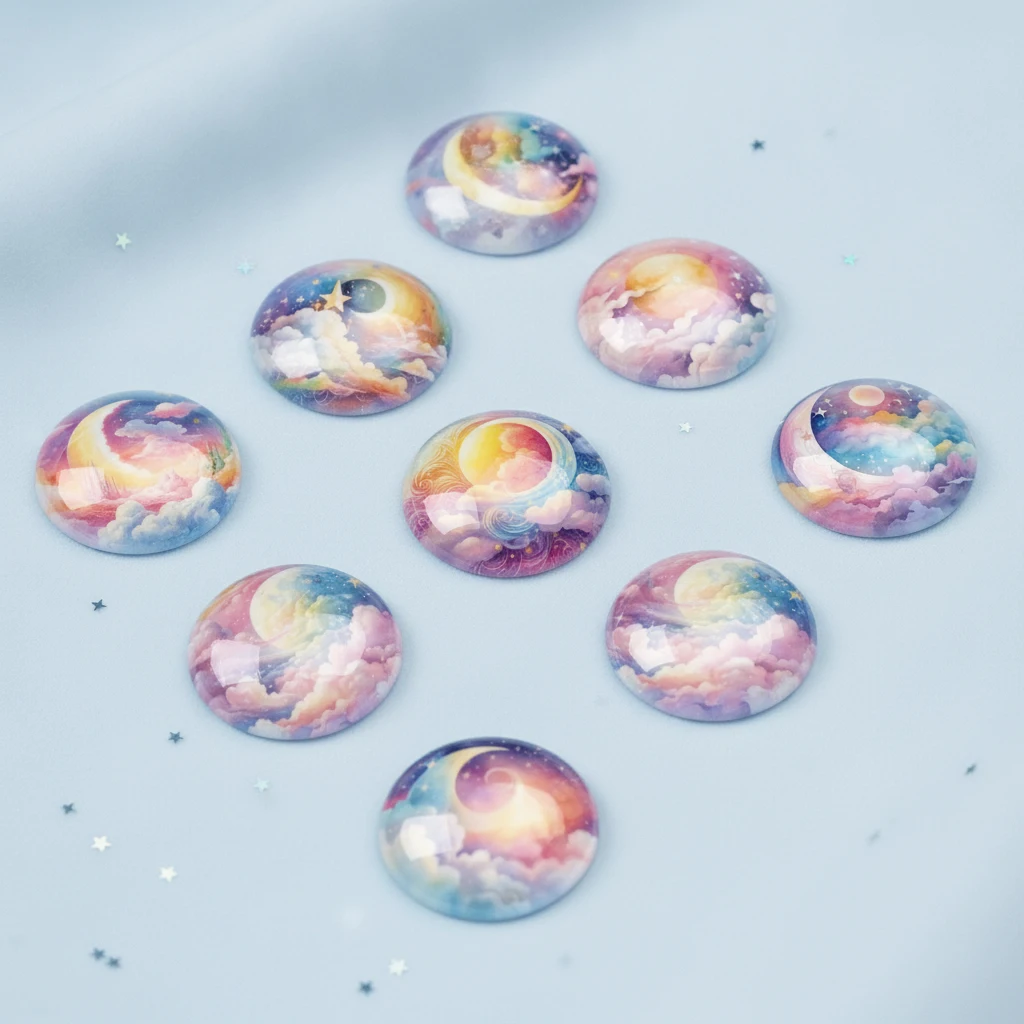 10Pcs Moon Sun 028 Round Glass Cabochons Set DIY Jewelry Craft Making Accessories 12mm 20mm 25mm 30mm 18mm Snaps Button