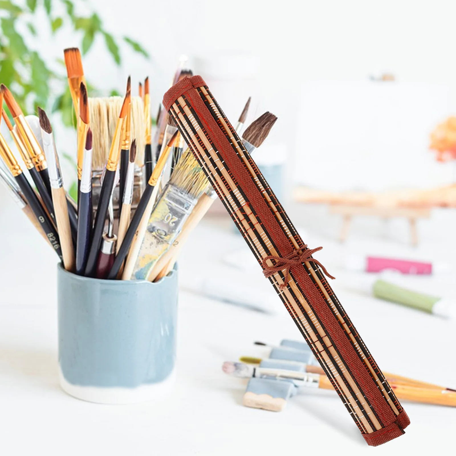 

Retro Bamboo Woven Pen Case Large Capacity Storage Roll Pouch Painted Pencils Brush Preservation Portable Lightweight Student