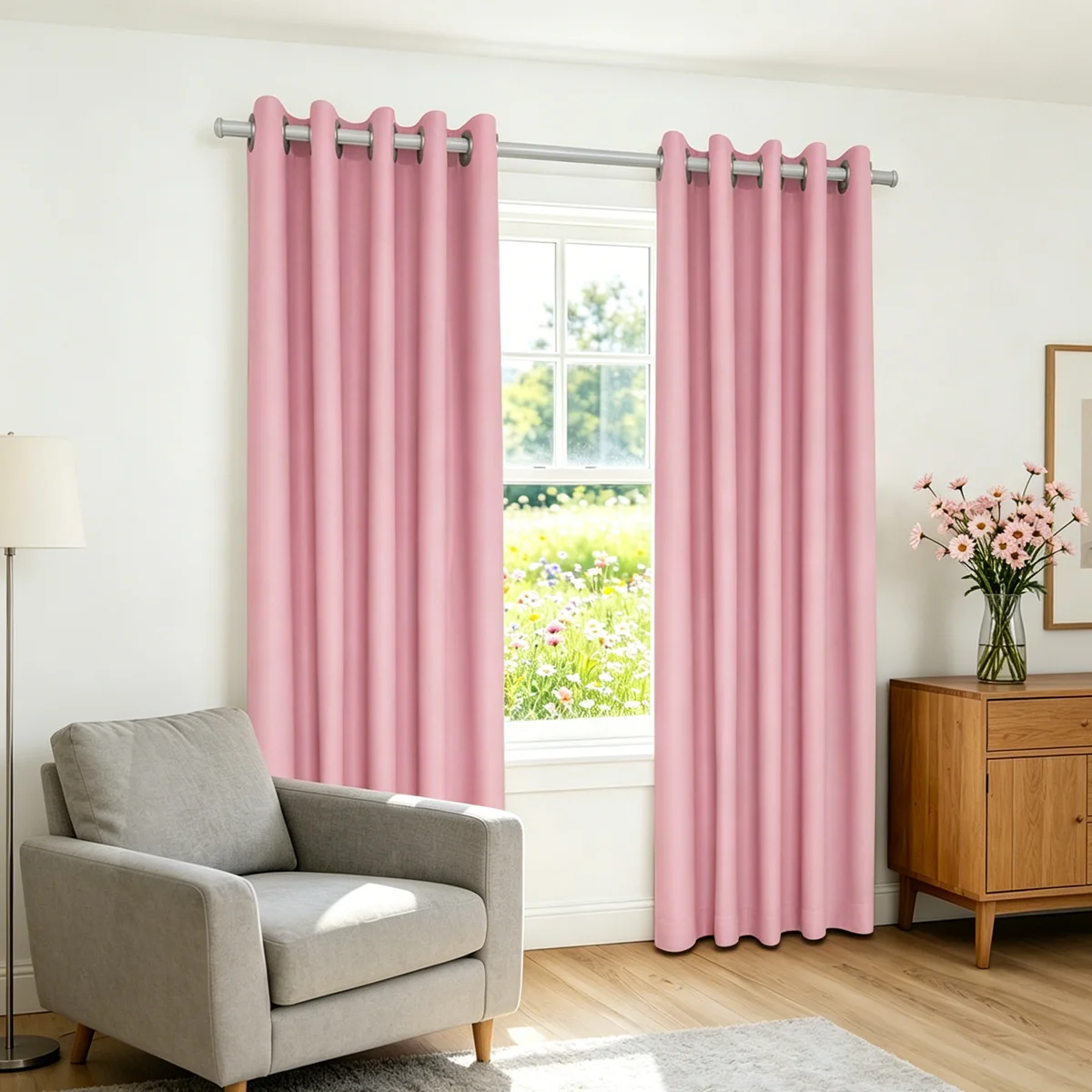 Pink High Density Blackout Curtains, Eyelet Punch Hole Solid Window Drapes for Bedroom Living Room Nordic Home Decor
