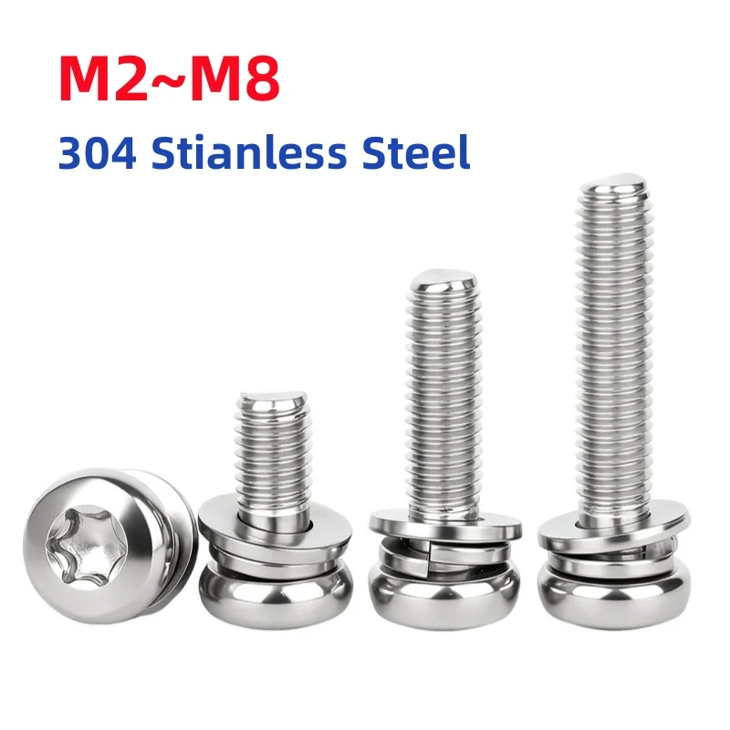 M2 M2.5 M3 M4 M5 M6 M8 304 Stianless Steel Round Torx Pan Head Screws With Washer Three-Combination Screw Furniture Parts