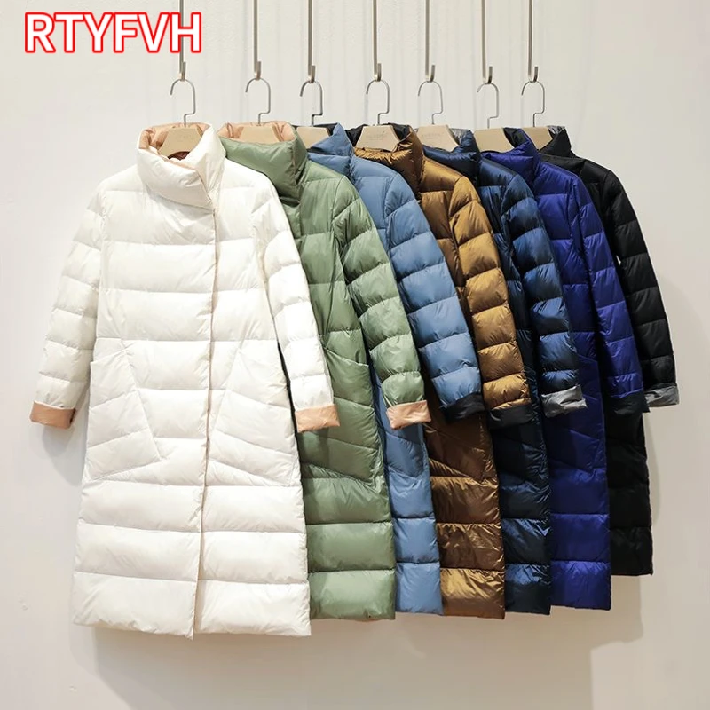 2024 inverno donna 90% piumino d'anatra bianco lungo cappotto bifacciale spesso femminile caldo doppio petto Parka Outwear